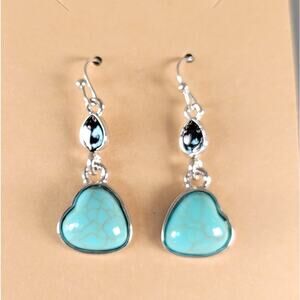 Turquoise Heart Dangle Earrings Silver Tone Hook Pierced Drop Jewelry Gift Bag